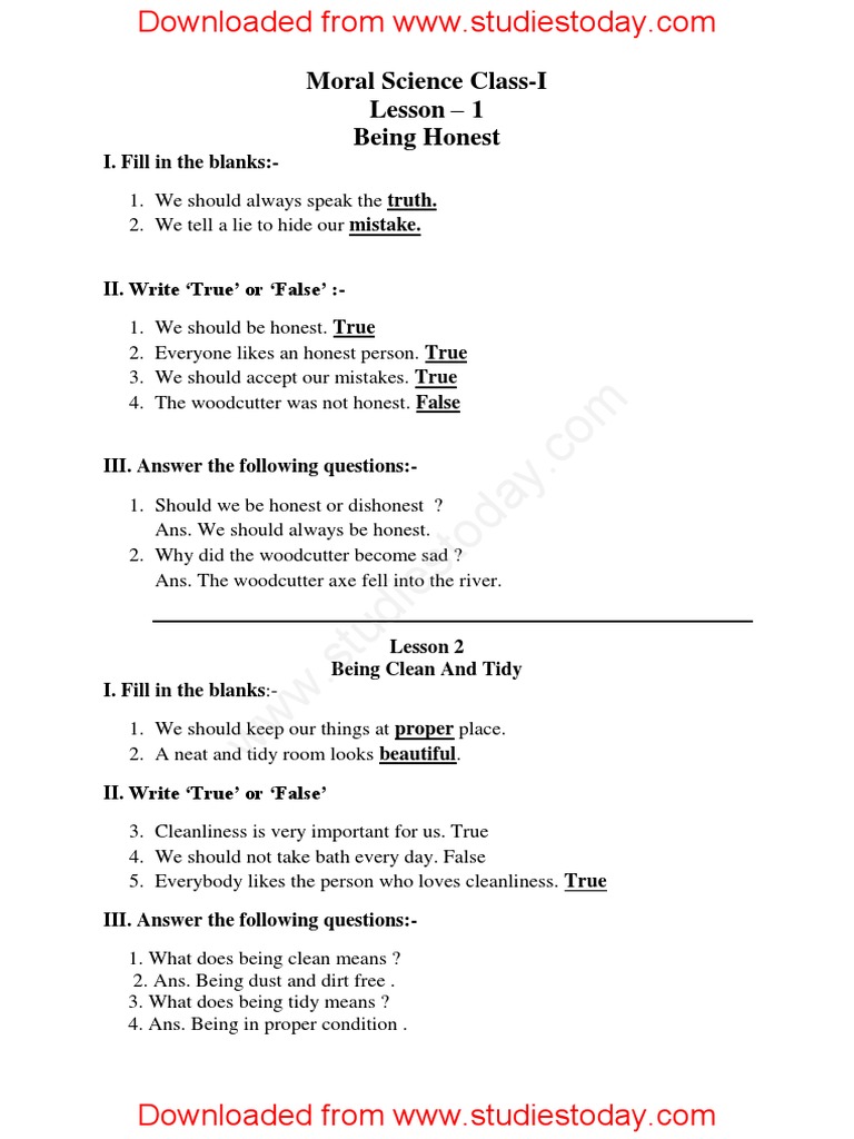 CBSE Class 1 Moral Science Worksheet PDF PDF