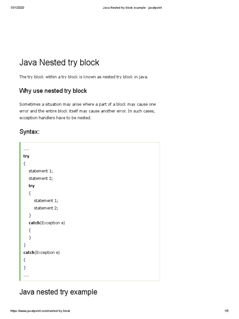 Java Nested Try Block Example | PDF | Computer Programming | Software  Development