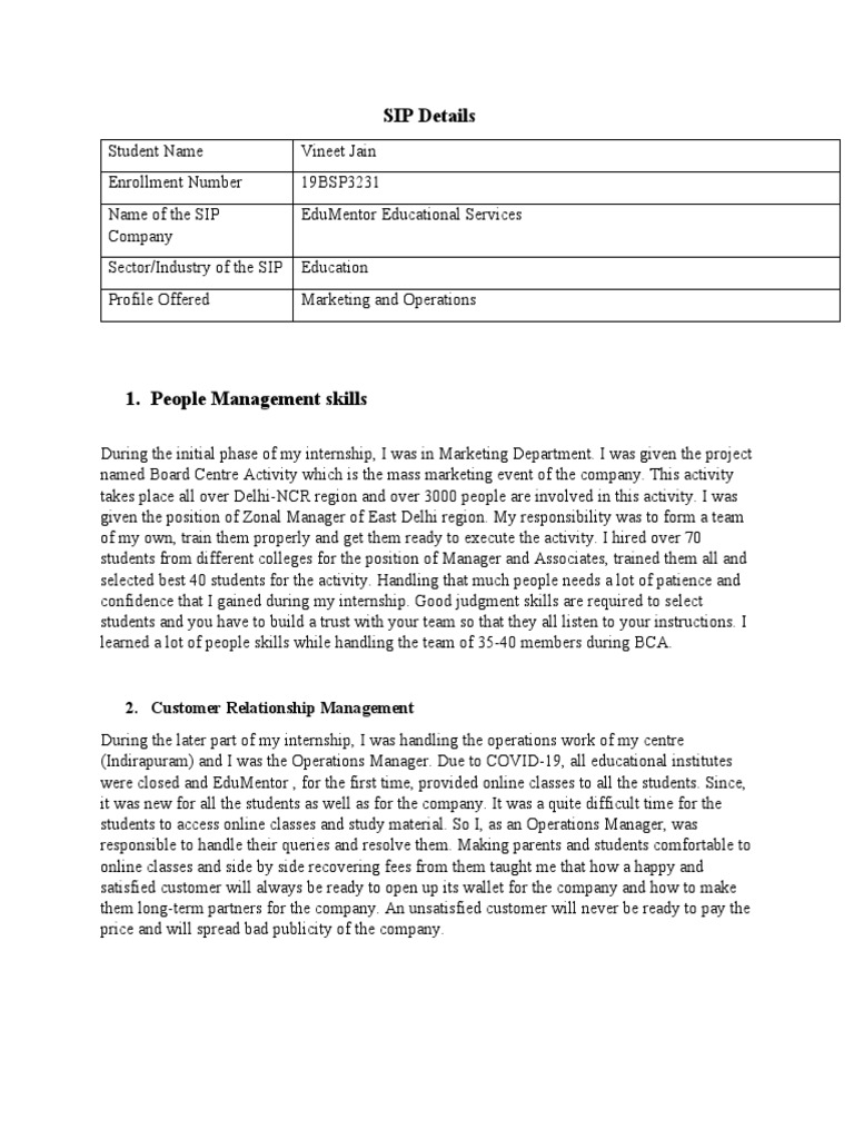 SIP Report: Marketing & Operations Insights | PDF