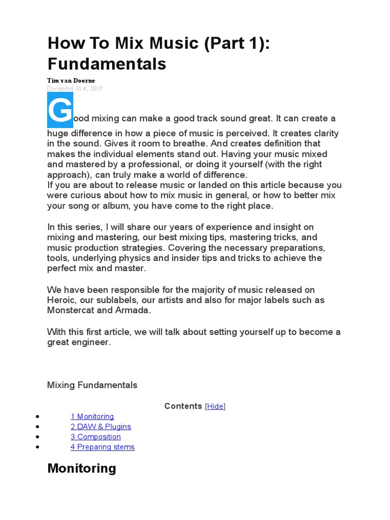 How To Mix Music Part 1 Fundamentals Monitoring Pdf