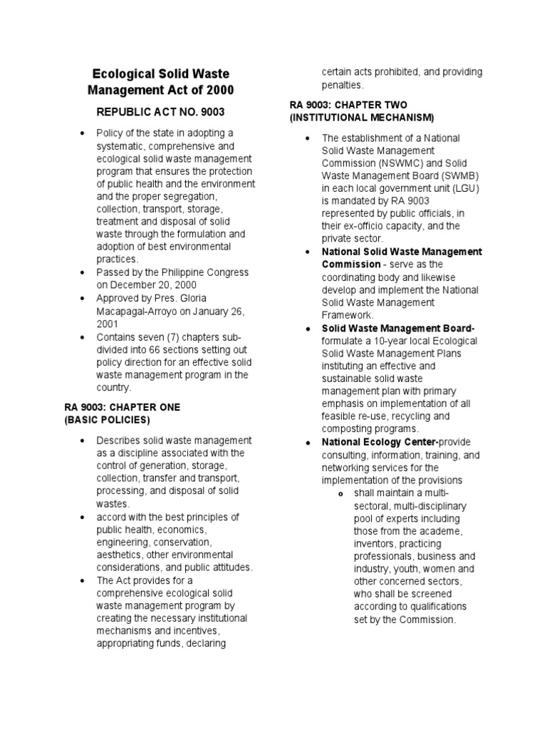 RA 9003: Ecological Solid Waste Act | PDF
