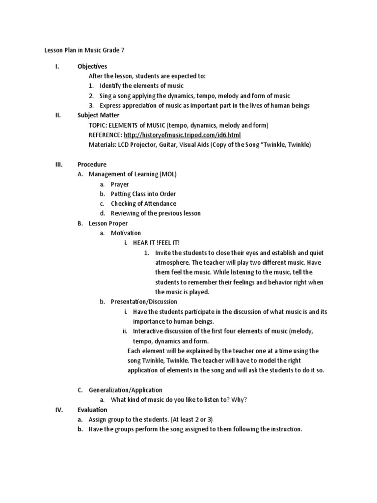 Grade 7 Music Lesson Plan: Elements | PDF | Lesson Plan | Communication