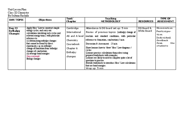 Class 11 Chemistry Lesson Plan: Enthalpy | PDF