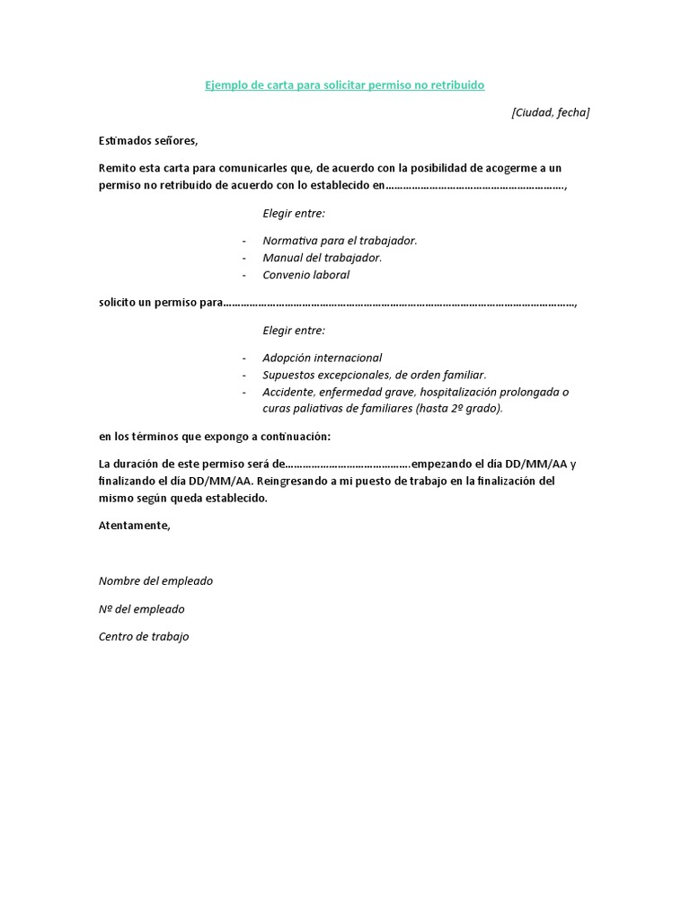 Ejemplo De Carta Para Solicitar Permiso No Retribuido Pdf