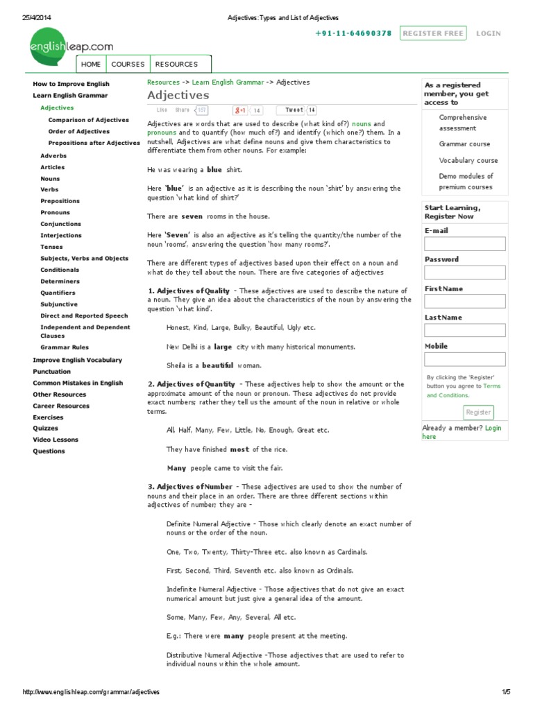 Adjectives - Types and List of Adjectives PDF | PDF