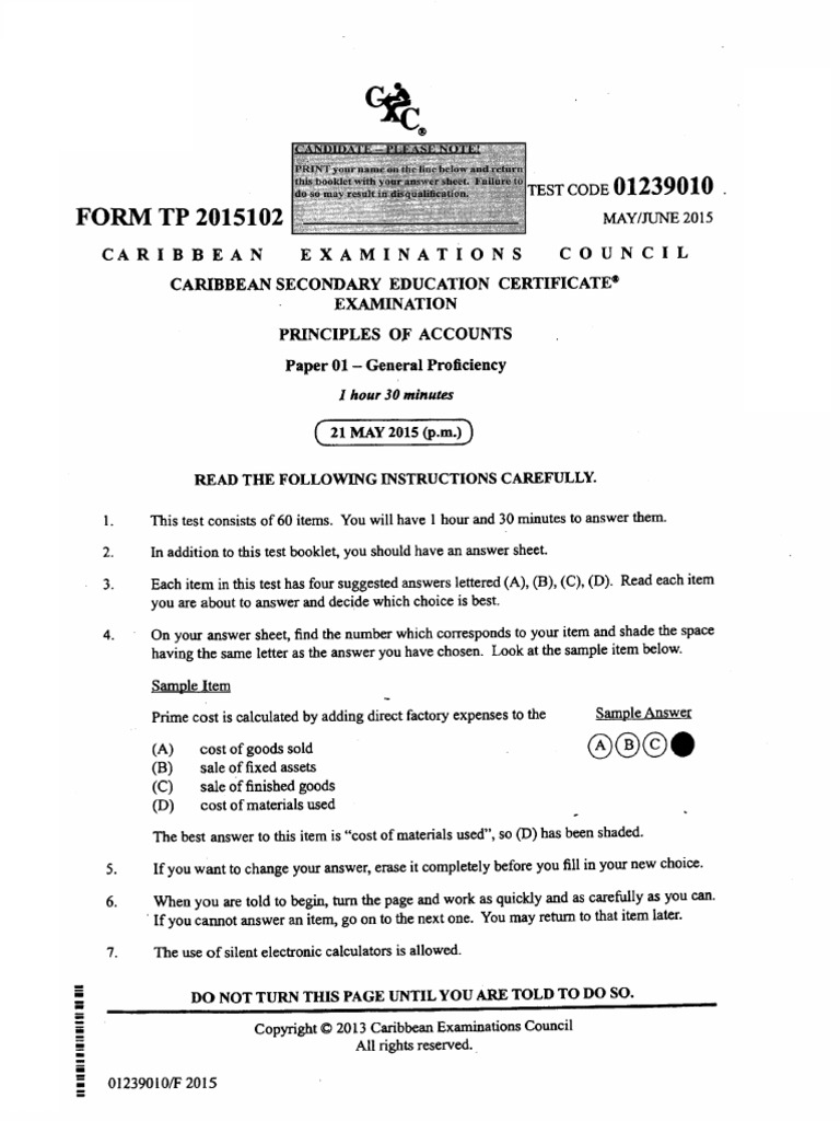 CSEC Principles of Accounts Exam 2015 | PDF