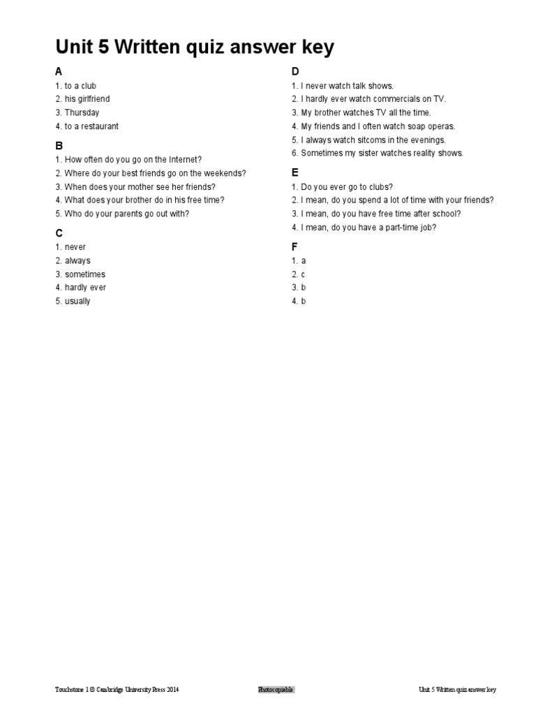 Unit 5 Written Quiz Answer Key | PDF