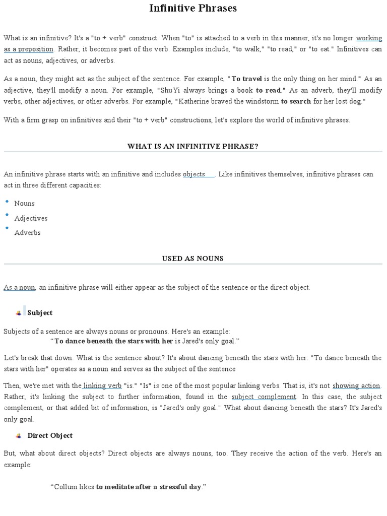 Infinitive Phrases Explained | PDF | Verb | Adverb