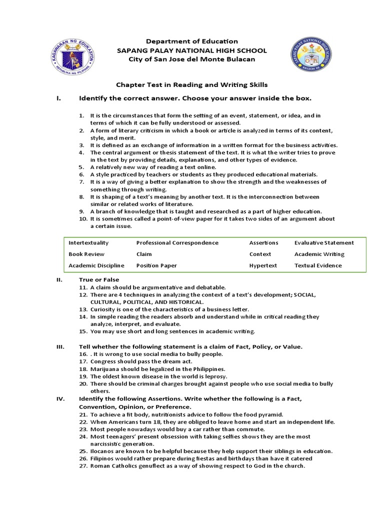 Chapter Test on Reading and Writing Skills | PDF | Argument | Thesis