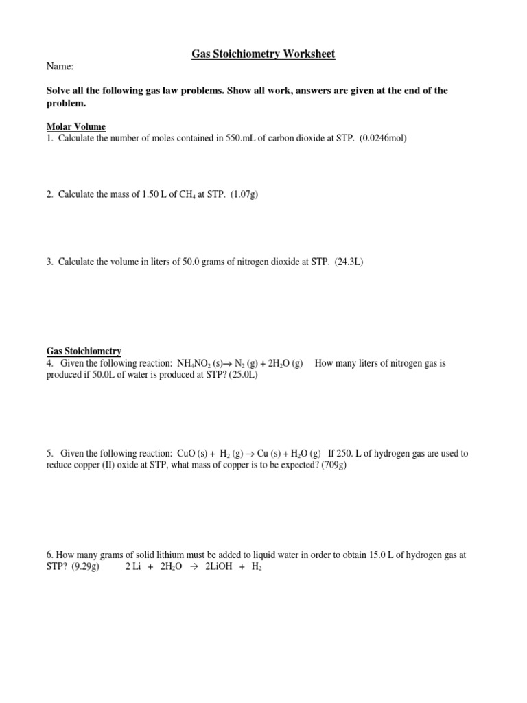 Gas Stoichiometry Ws