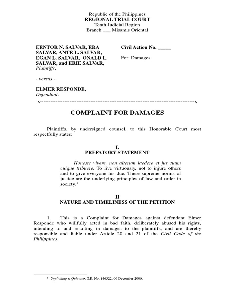 Complaint For Damages Sample PDF PDF Costs In English Law Damages