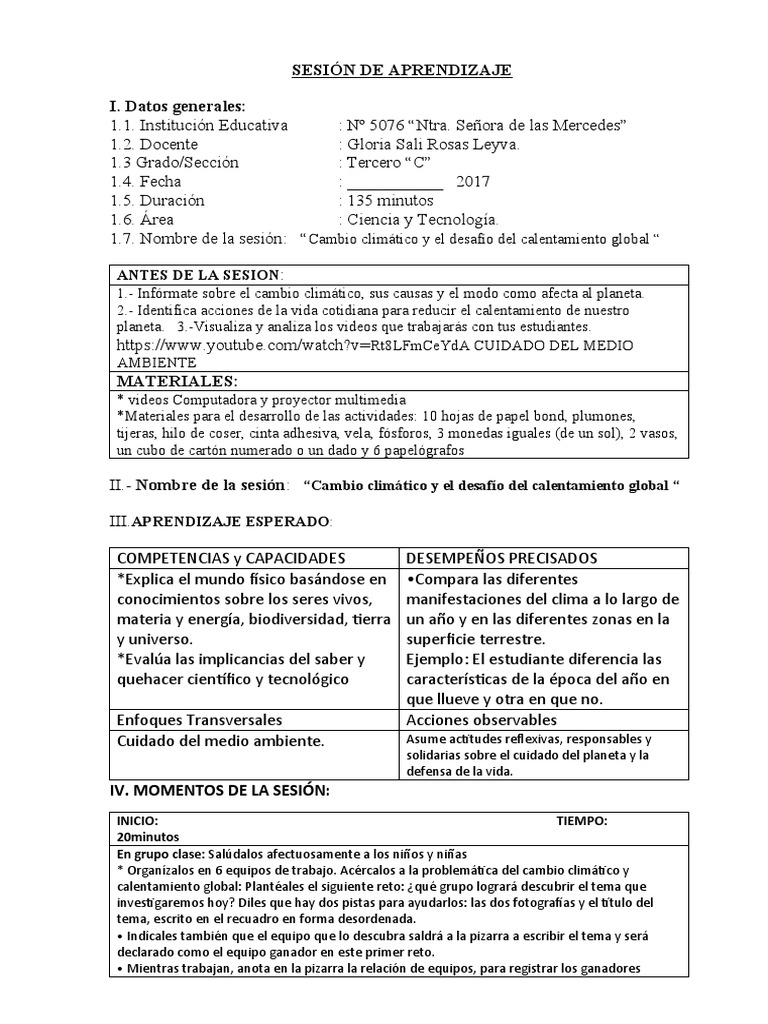 SESIÓN de APRENDIZAJ1 Calentamiento Global 2017 | PDF | Clima |  Calentamiento global, image size:768x1024