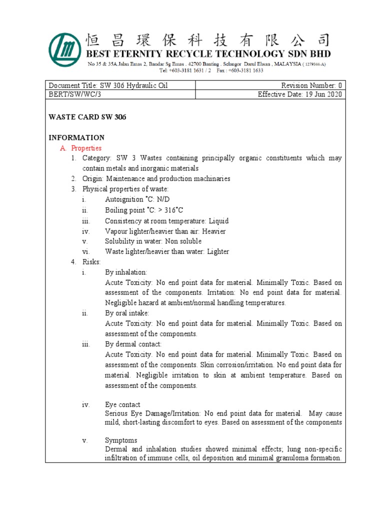 SW 306 Hydraulic Oil PDF Toxicity Fires