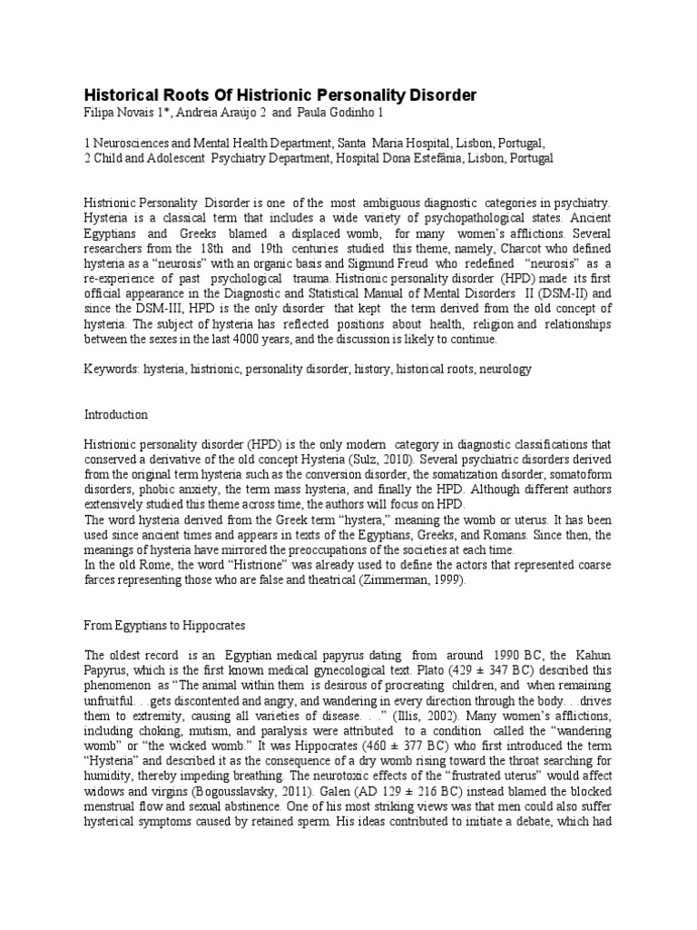 Historical Roots of Histrionic Personality Disorder PDF Diagnostic