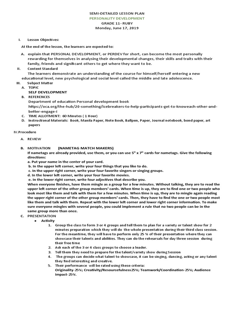 Lesson Plan Perdev Final Pdf Self Lesson Plan