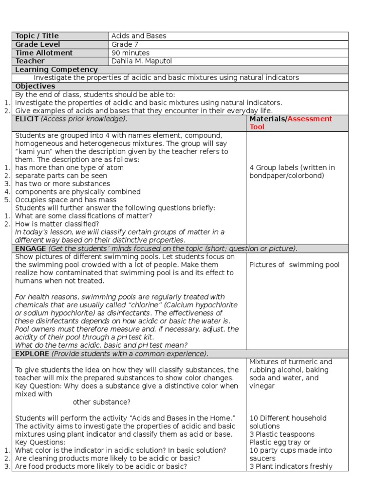 Acids and Bases Lesson Plan for Grade 7 | PDF | Mixture | Matter