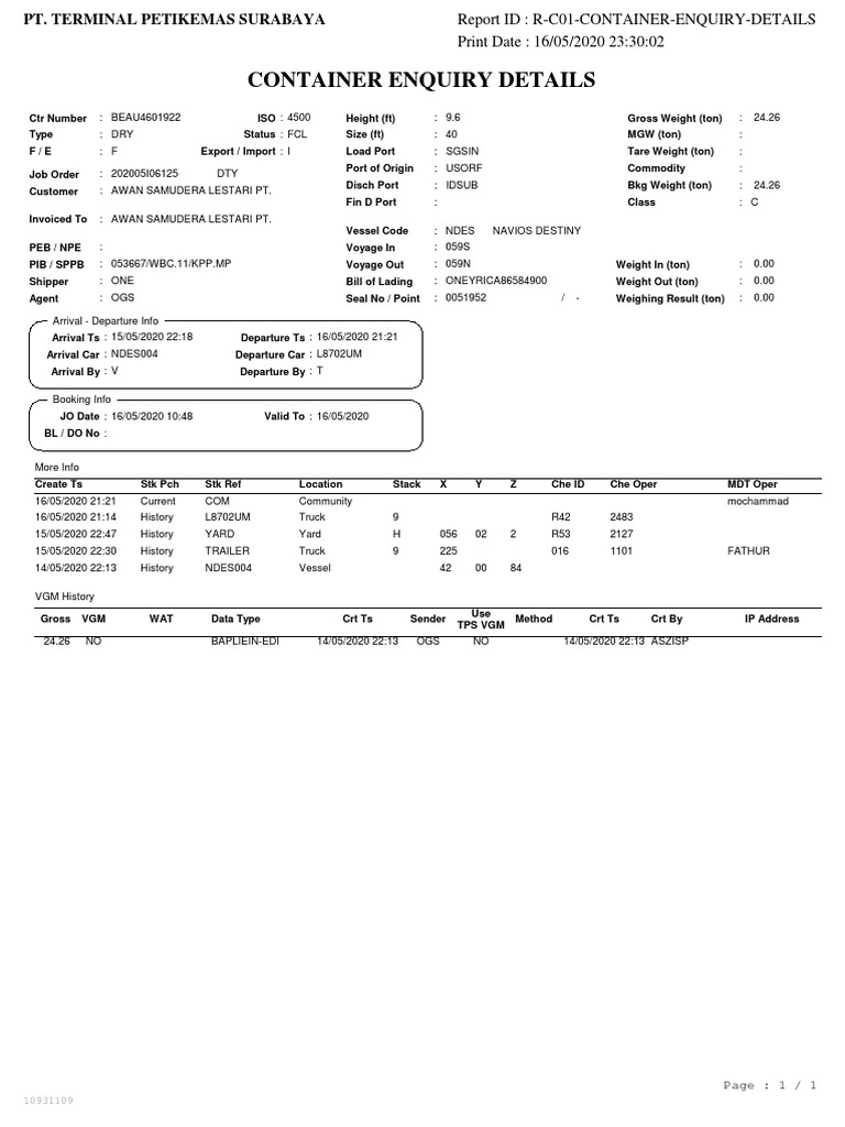 Container Enquiry Report - Surabaya | PDF | Service Industries | Supply ...