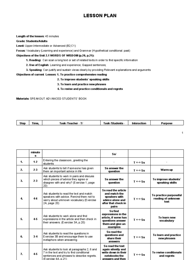 Advanced Lesson Plan: Vocabulary & Grammar | PDF | Lesson Plan | Teaching