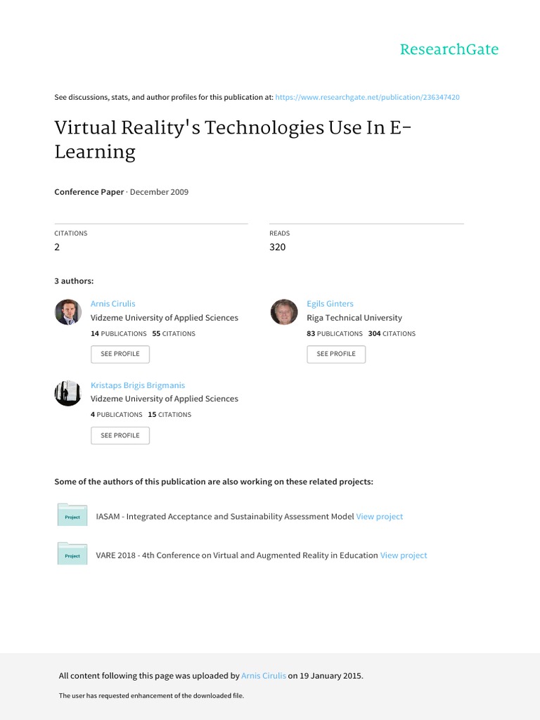 Virtual Reality's Technologies Use in E-Learning: December 2009 | PDF ...