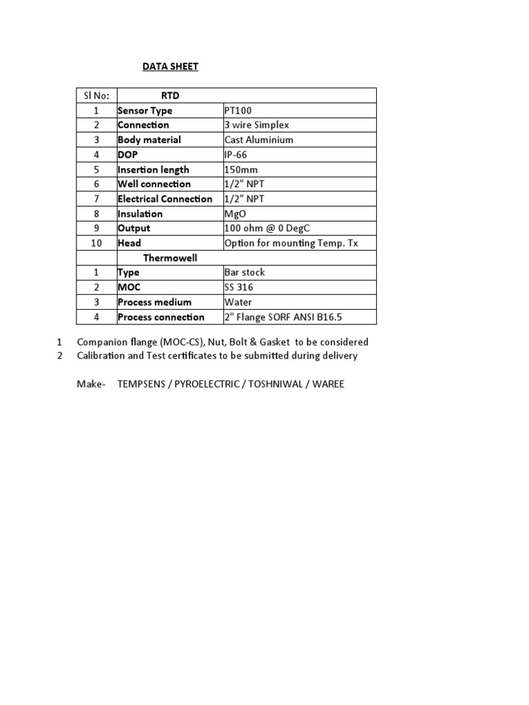 PT100 RTD Sensor Data Sheet | PDF
