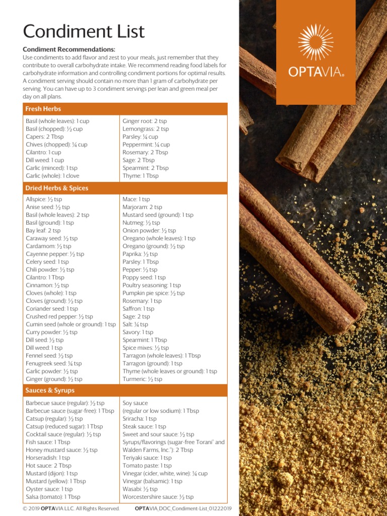 OPTAVIA CondimentSheet | PDF | Vinaigrette | Salad
