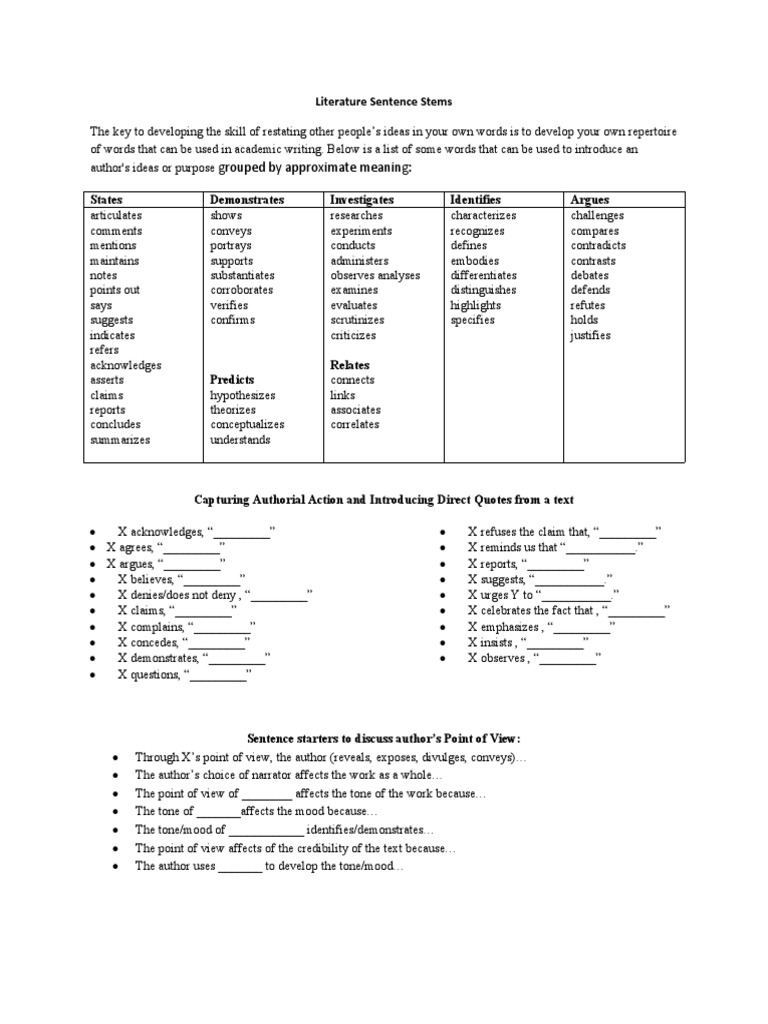 Literature Sentence Stems | PDF | Plot (Narrative) | Irony