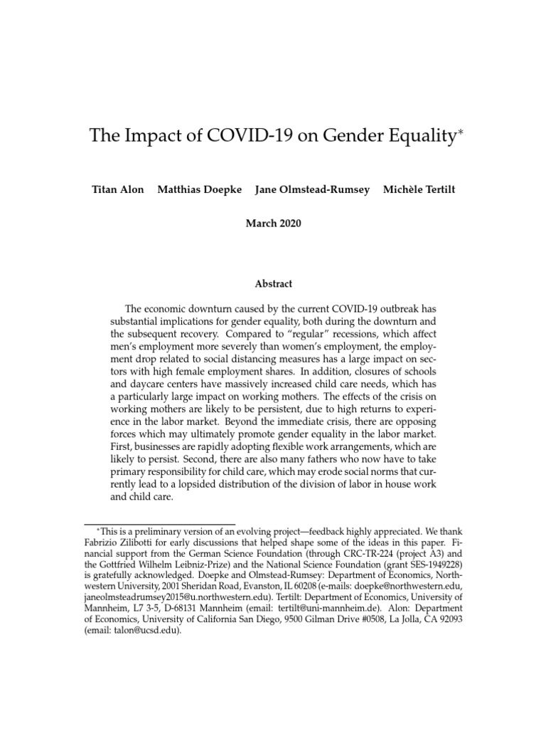 The Impact Of Covid 19 On Gender Equality Titan Alon Matthias Doepke