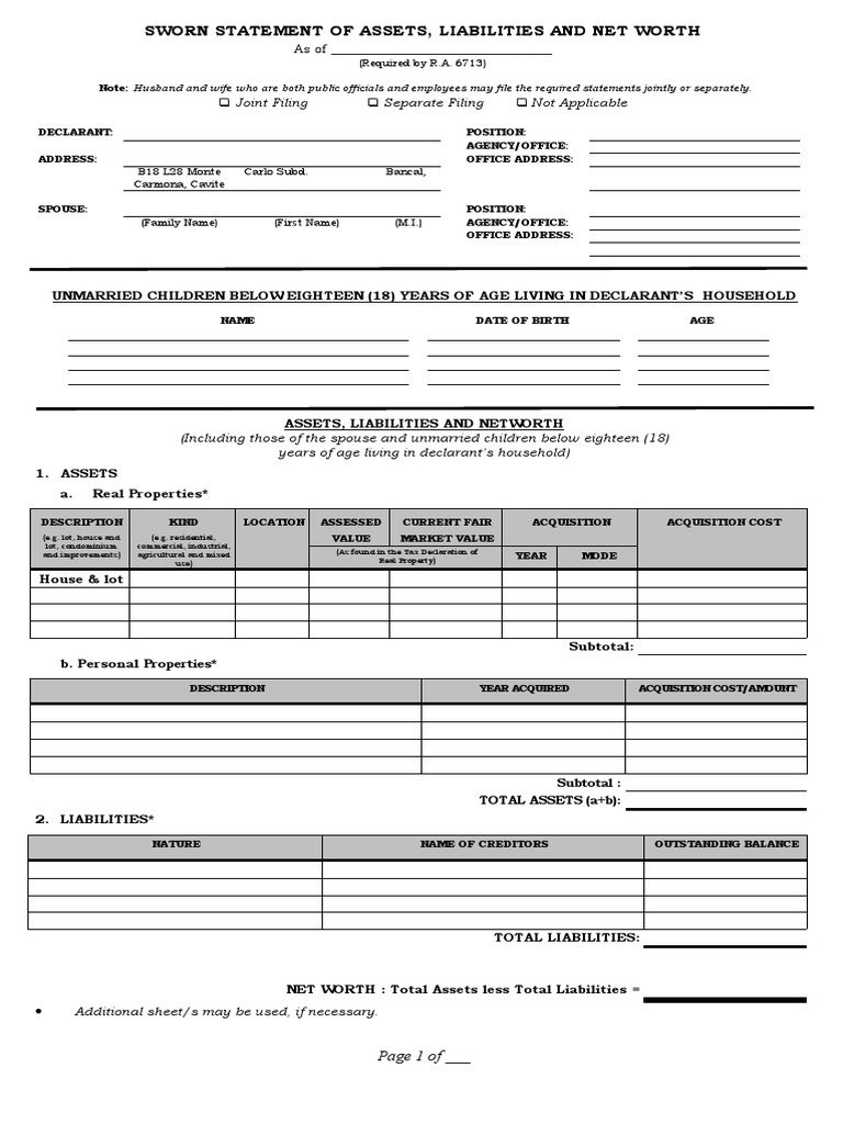 Blank Form SALN - 2017 | PDF | Net Worth | Economies
