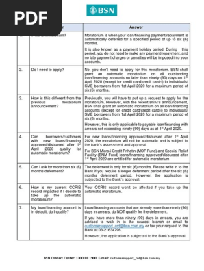 Faq Moratorium Bsn English New Pdf Loans Credit
