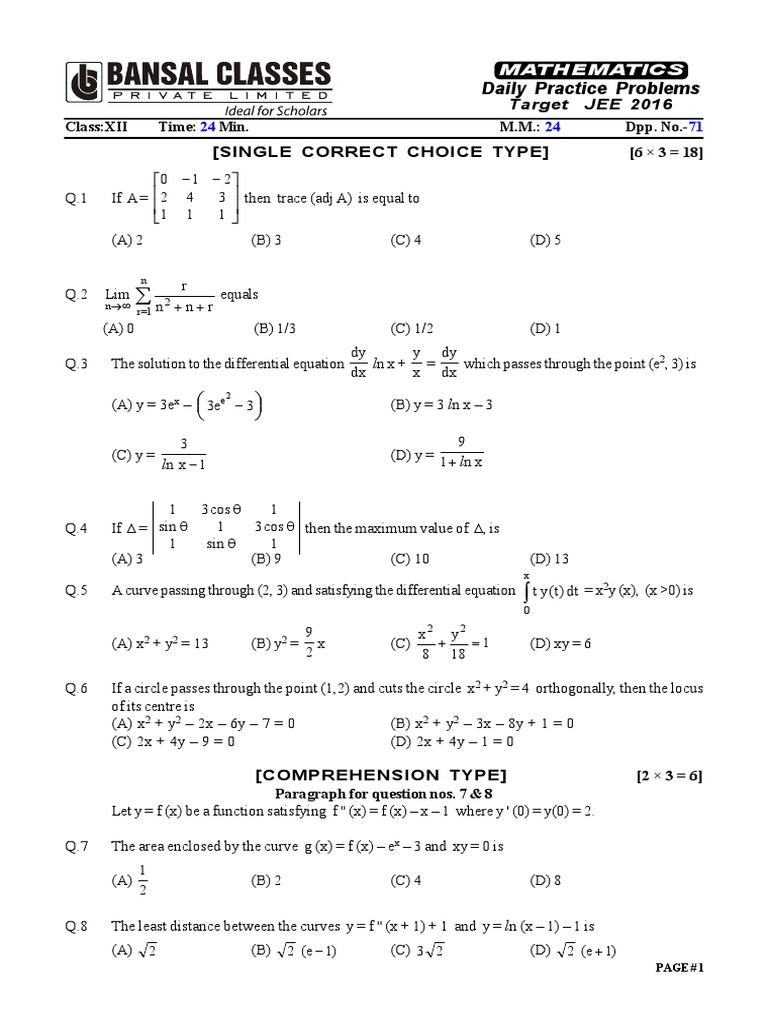 JEE 2016 Math Practice for Class XII | PDF | Equations | Trigonometric ...