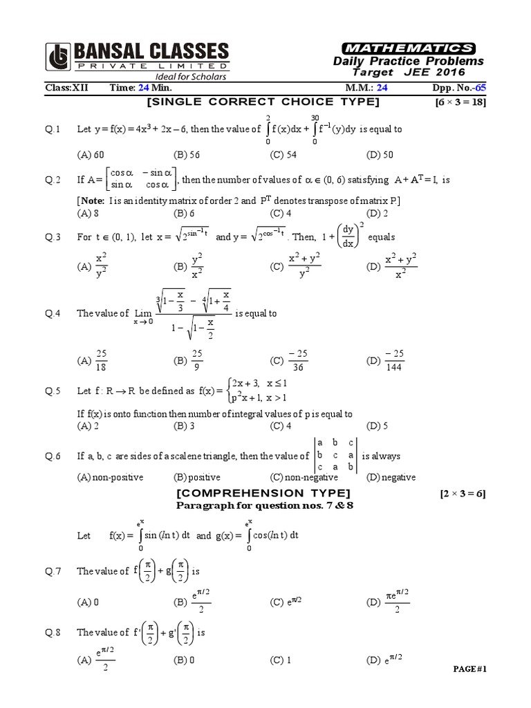 JEE 2016 Mathematics Practice Problems | PDF | Function (Mathematics ...