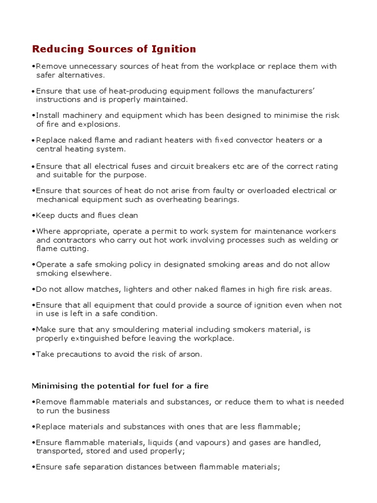 Reducing Sources of Ignition Checklist PDF Fires Combustion