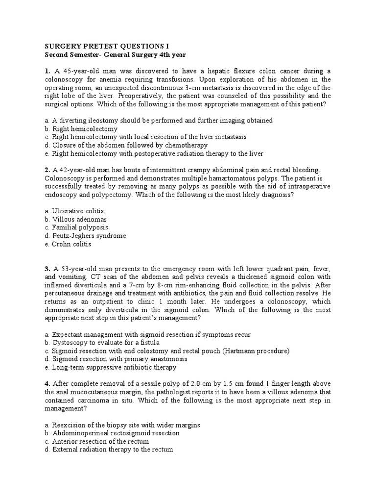 SURGERY PRETEST QUESTIONS I - Dr. MARIANA UNGUR - Second Semester ...
