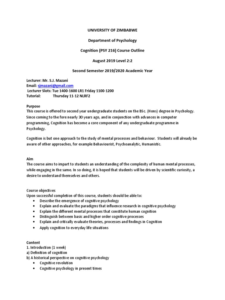 University of Zimbabwe Department of Psychology Cognition (PSY 216