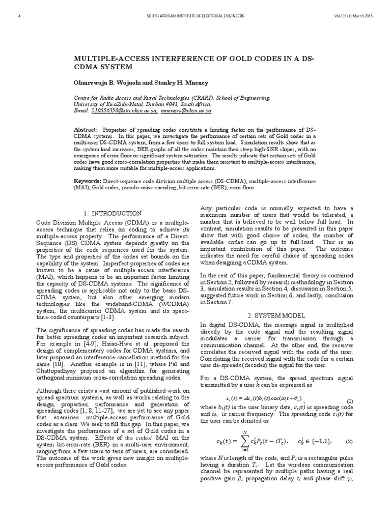 Multiple Access Interference Of Gold Codes In A Ds Cdma System Pdf 22 08 16 14 25 03 696 Telecommunications Engineering Telecommunications