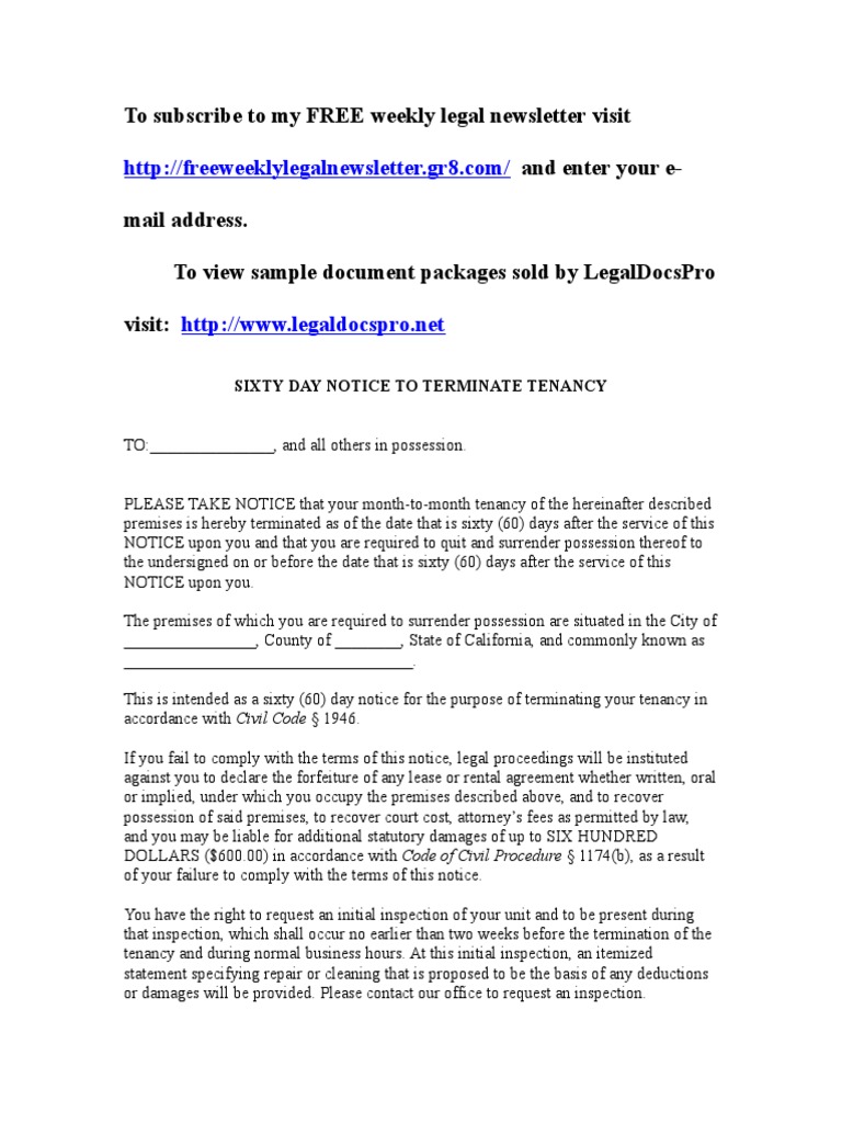 Sample 60-Day Notice To Vacate For California | PDF | Leasehold Estate |  Virtue