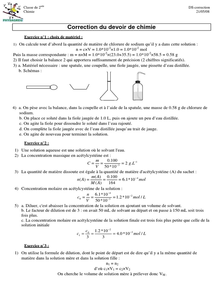Controle Physique Chimie Seconde Solution Aqueuse DS Chimie Preparation Solution Correction | PDF | Concentration molaire |  Solution