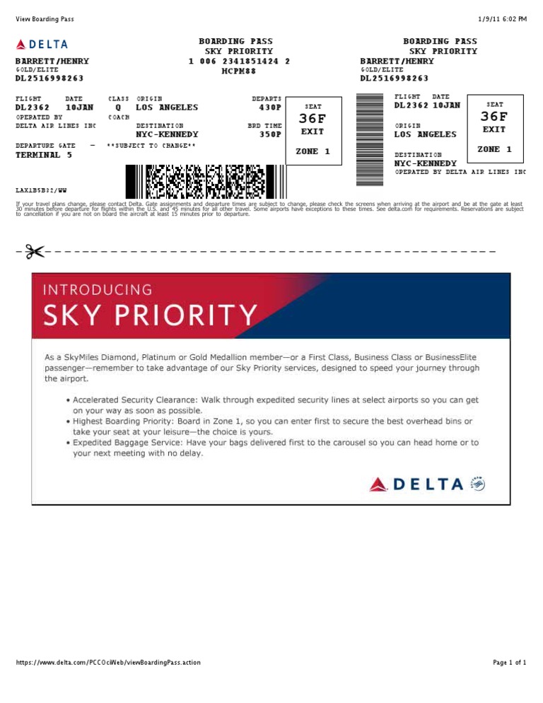 View Boarding Pass PDF Delta Air Lines Los Angeles International
