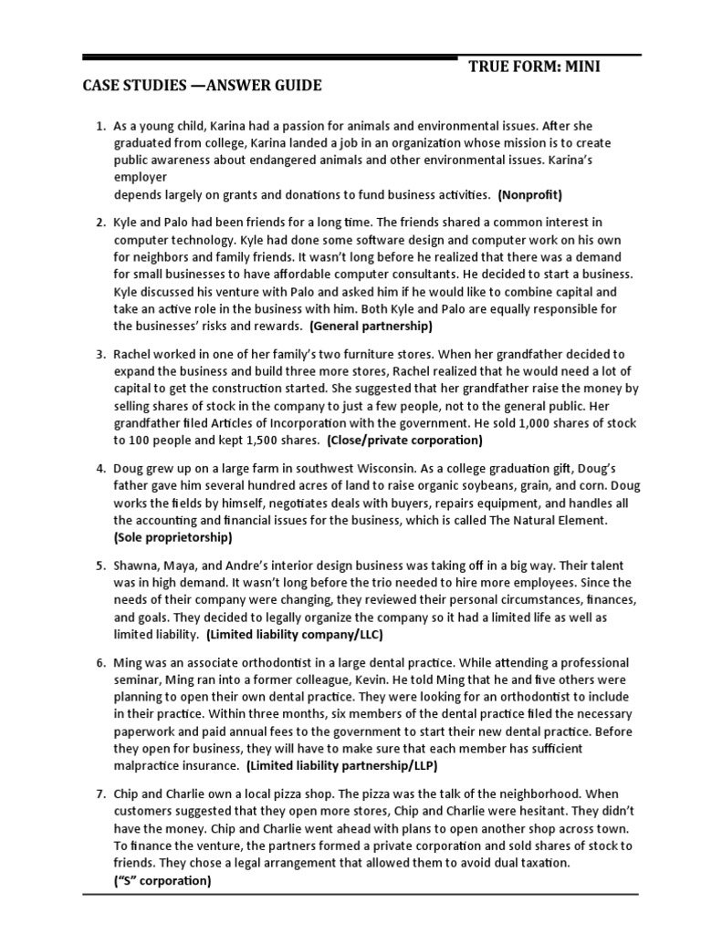 True Form Mini Case Studies Answer Guide (Sole Proprietorship