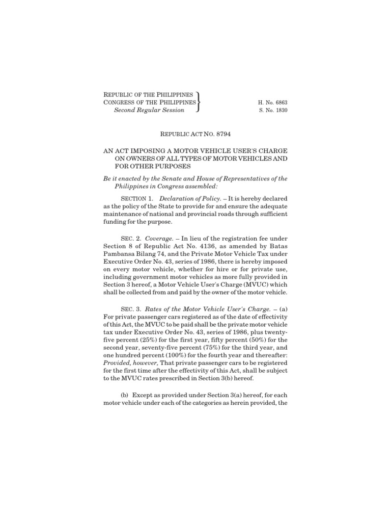 Motor Vehicle User's Charge Act Philippines | PDF | Road | Vehicles