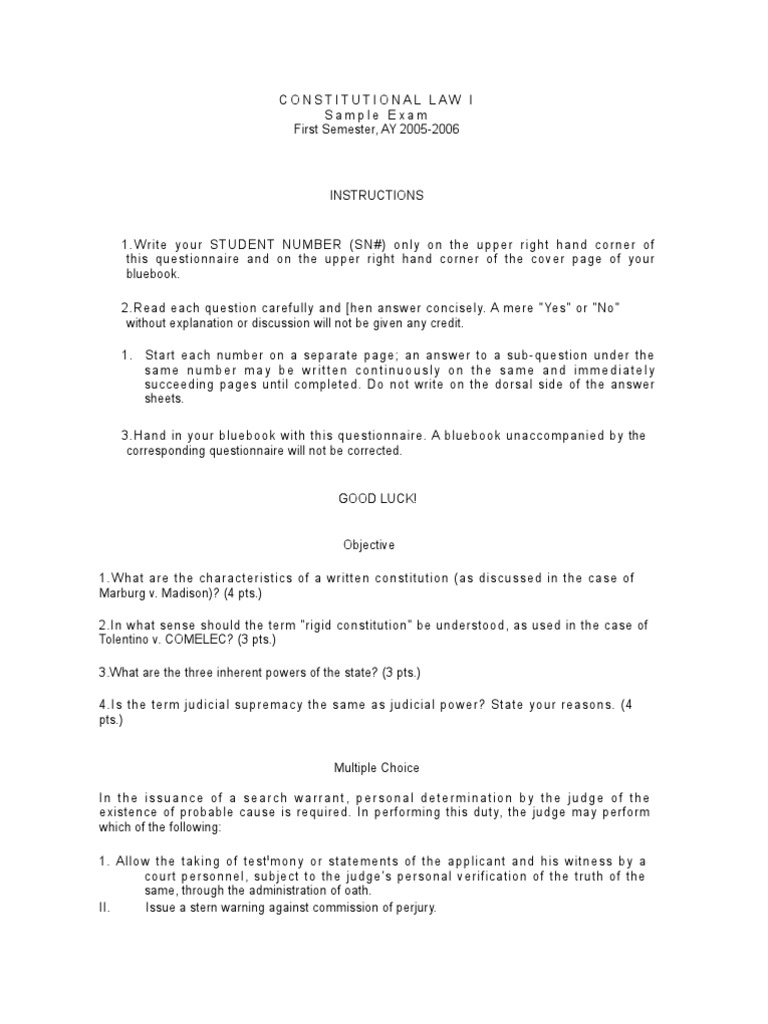 Constitutional Law 1 Sample Exam PDF Oath Standing (Law)