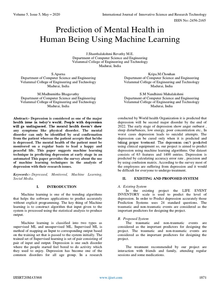 Prediction of Mental Health in Human Being Using Machine Learning | PDF