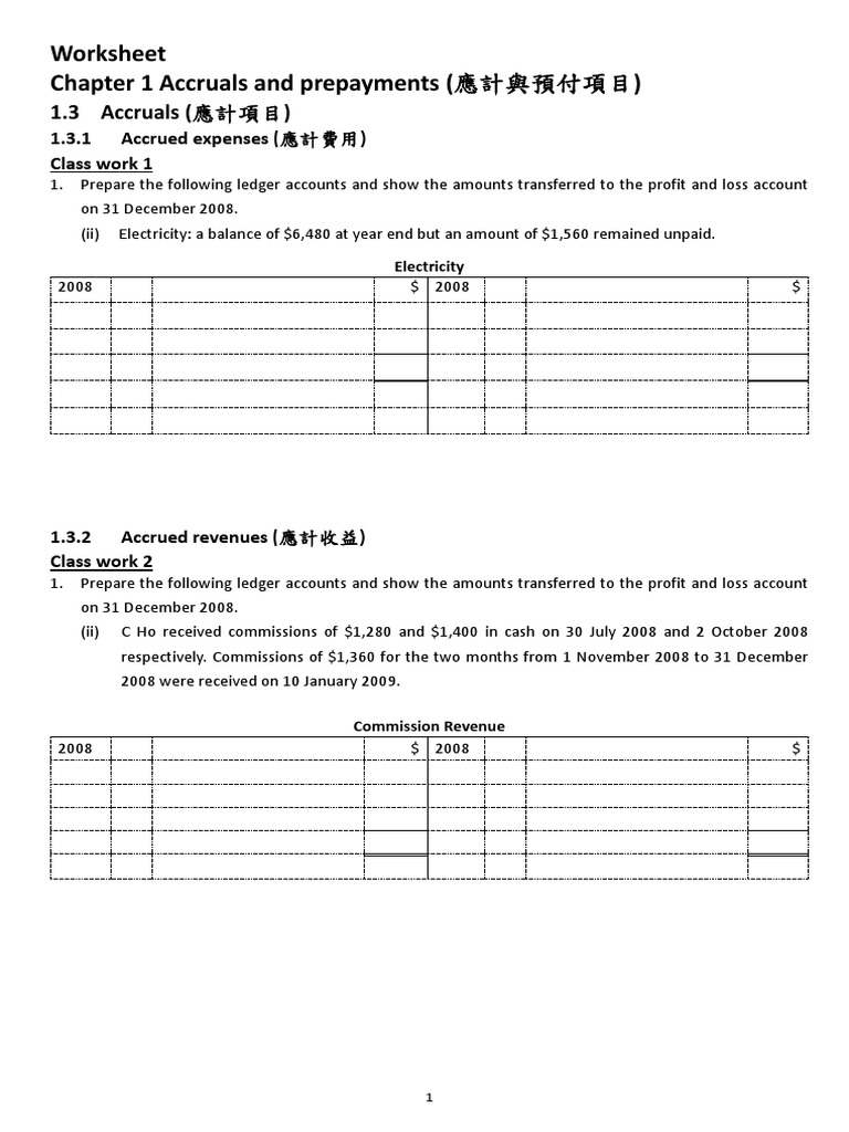 Worksheet Chapter 1 Accruals and prepayments (應計與預付項目) | PDF | Deferral ...