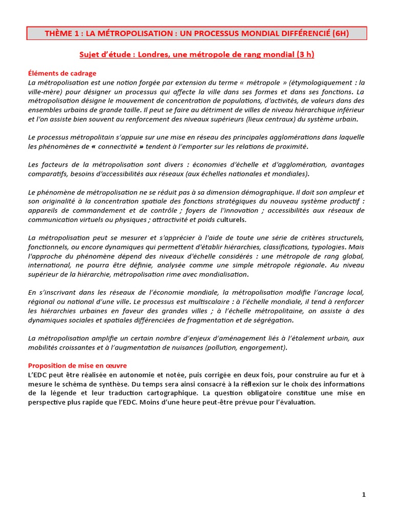 Qcm Les Metropoles Et Leurs Habitants Métropolisation | PDF | Urbanisation | Londres