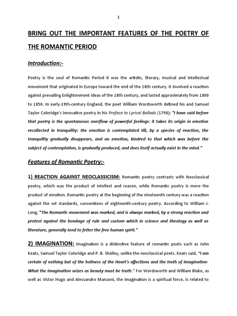 Bring Out The Important Features Of The Poetry Of The Romantic Period Pdf Poetry