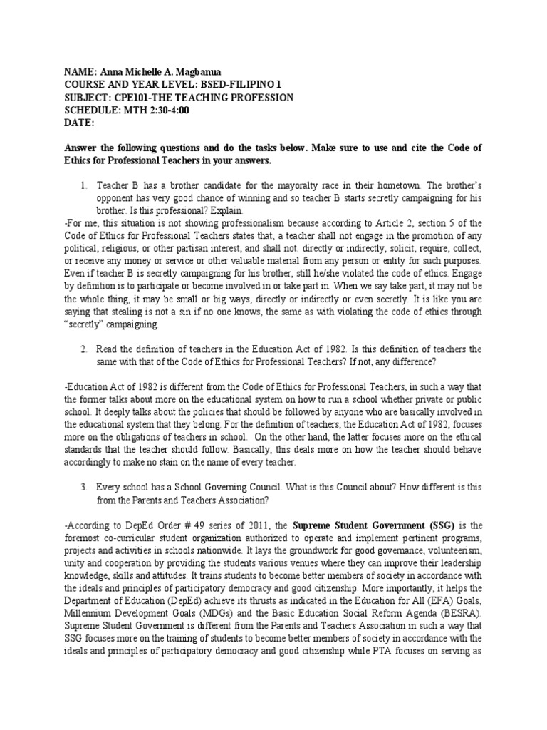 Anna Michelle Magbanua Cpe 101 Bring Home Activity Pdf Teachers Government