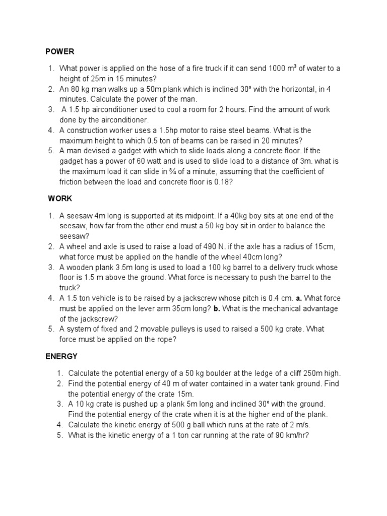 WorkEnergyPOwer Worksheet PDF Potential Energy Mechanical