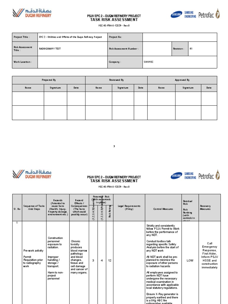 Tra Radiography Test Risk Assessment Risk