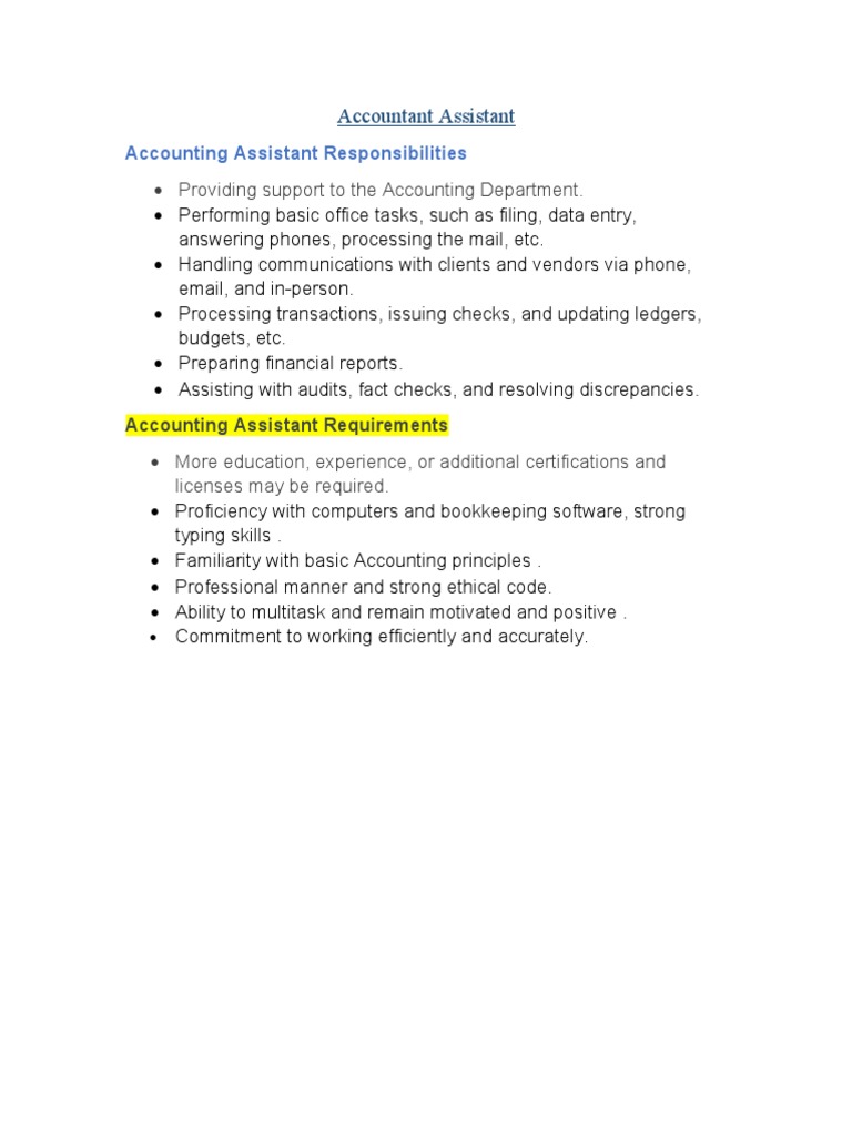 Accountant Assistant: Providing Support To The Accounting Department ...