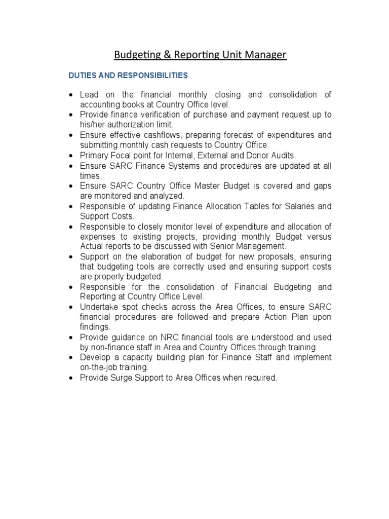 Budgeting & Reporting Unit Manager Role | PDF | Career & Growth | Business